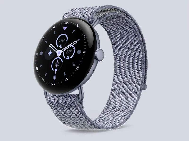 A Pixel Watch with a gray band