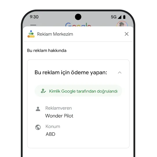 Reklam Merkezim'deki "Bu reklam için ödeme yapan:" sayfasının örneği 