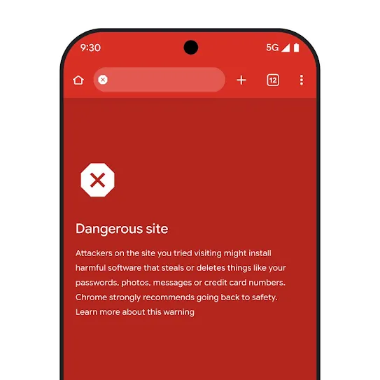 Visual of a smartphone screen using the Chrome browser, showing an alert about a dangerous site, including recommended next steps and a link to learn more about this warning. 