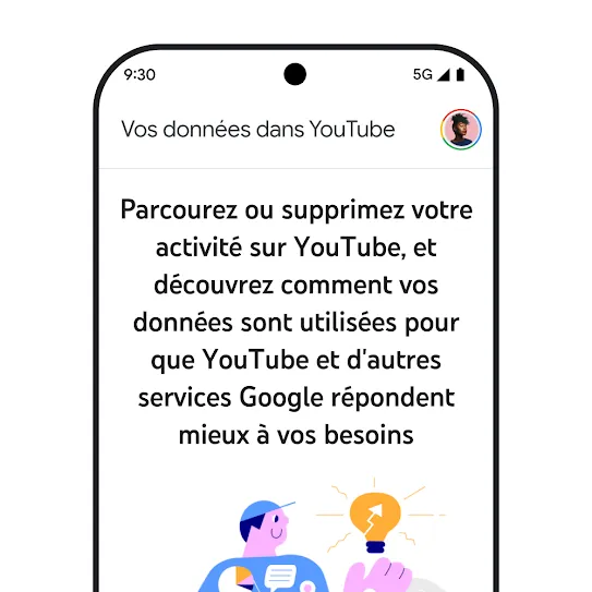 Image d'un écran de smartphone avec YouTube ouvert, affichant un message d'information sur "Vos données dans YouTube" qui inclut des détails sur la consultation et la suppression de l'historique d'activité.