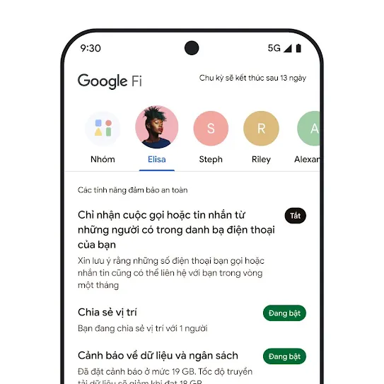 Hình ảnh màn hình điện thoại thông minh đang mở Google Fi Wireless. Phía trên cùng là một hàng danh bạ còn bên dưới là danh sách các tính năng an toàn, trong đó có tính năng chia sẻ vị trí và cảnh báo về dữ liệu.