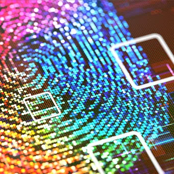 A vibrant, digitally rendered fingerprint composed of colorful pixels, with glowing white square outlines on top, suggesting data or security.