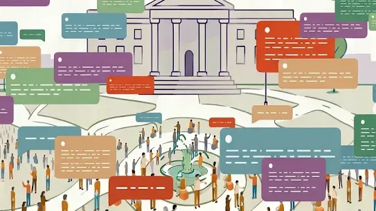 Illustration of a crowd of people in front of the white house with various text bubbles