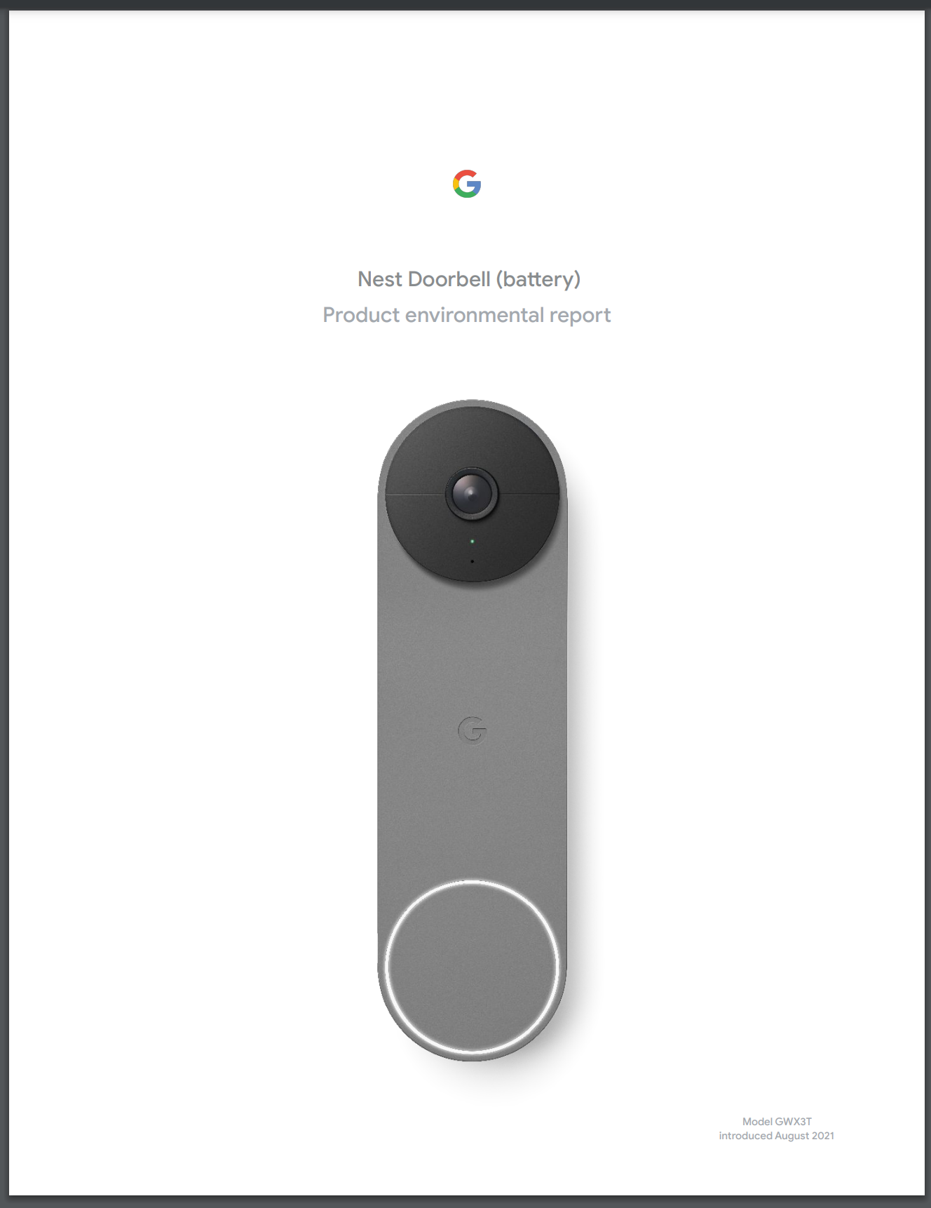 Cover image of the Nest Doorbell (battery) Product Environmental Report