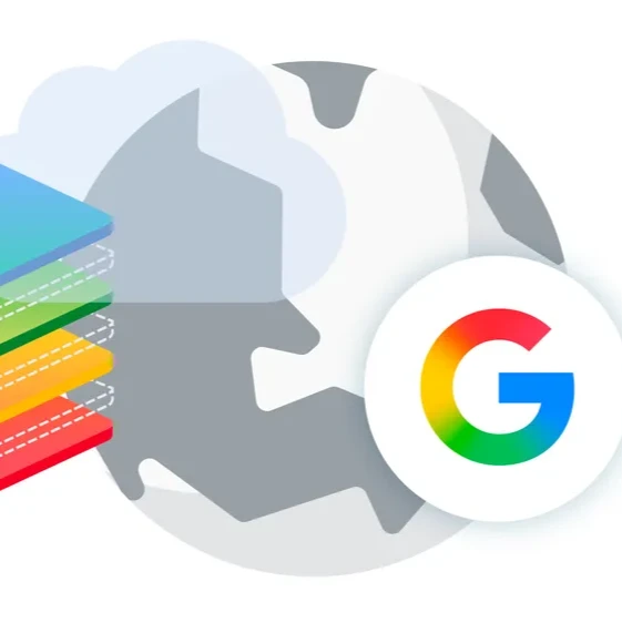 Four colorful stacked layers (blue, green, yellow, red) over cloud outlines and a grey gear, beside the multicolored Google G logo.