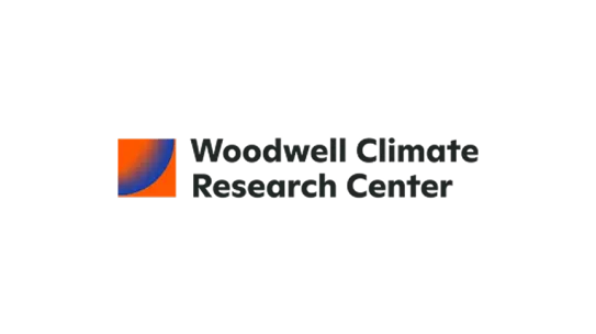 Official logo for Woodwell Climate Research Center featuring a square icon with an orange and blue gradient beside bold black text on a white backgroun