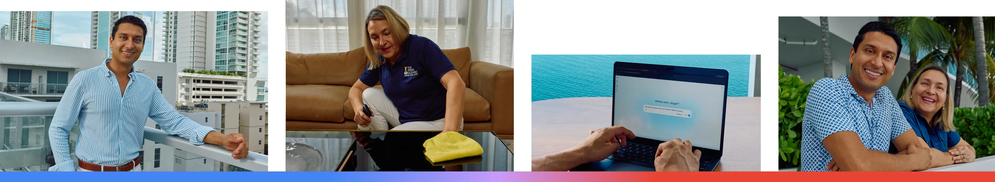 Four images of Jayger McGough Tomasino, the co-owner of The Prime Cleaner, a cleaning company based in Miami, Florida.