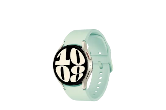 A smartwatch with a light green band and the time prominently displayed on its face.
