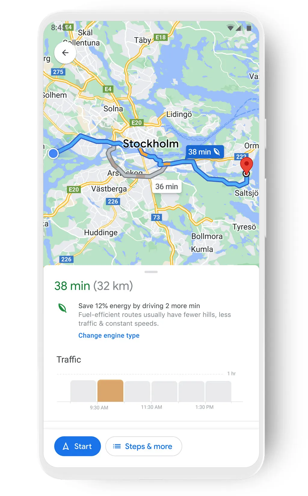 UI for Google Maps eco-friendly routing in Pittsburgh showing two route options, with the most fuel-efficient route in blue versus the alternate route in grey.