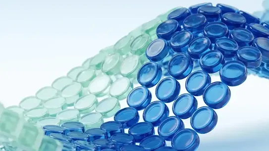 A digital art piece featuring a wavy, DNA-like double helix structure made of translucent, glossy glass-like discs in shades of blue and green, set against a soft light-blue background.