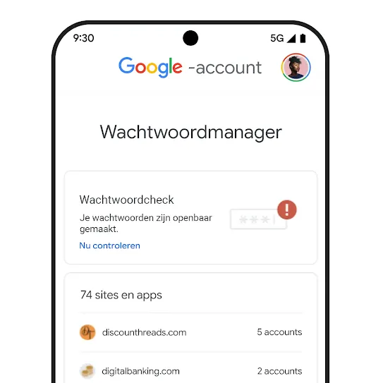 Afbeelding van een telefoon met de UI van Wachtwoordcheck.