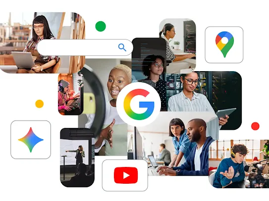 Une mosaïque de photos représentant des personnes utilisant des outils technologiques et des logos Google. 