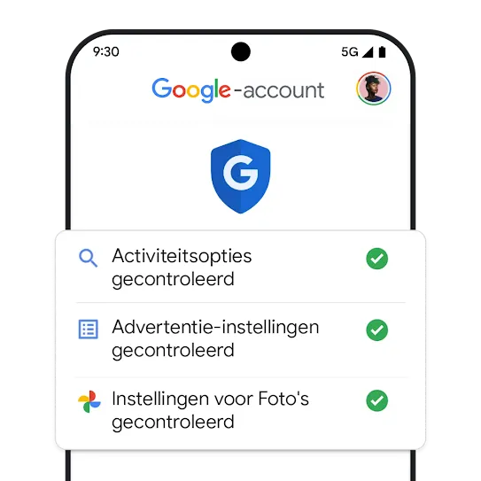 Het menu van een Google-account op mobiel dat alle gecontroleerde instellingen toont.