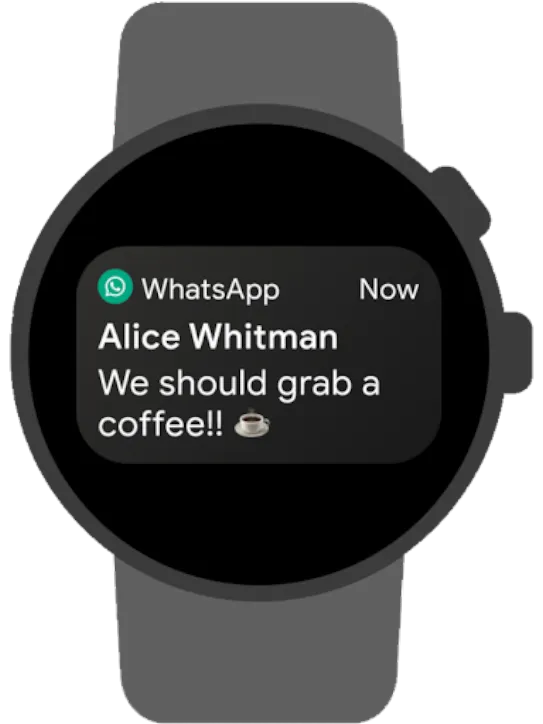 Получение уведомлений, чтение сообщений и ответ на звонки в WhatsApp для Wear OS на умных часах.