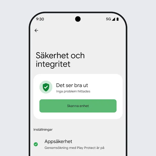 Bild som visar en smartphone-skärm med Android-operativsystemet och säkerhets- och integritetsinställningarna öppna. Resultaten av en enhetsgenomsökning och apparnas säkerhetsinställningar visas.