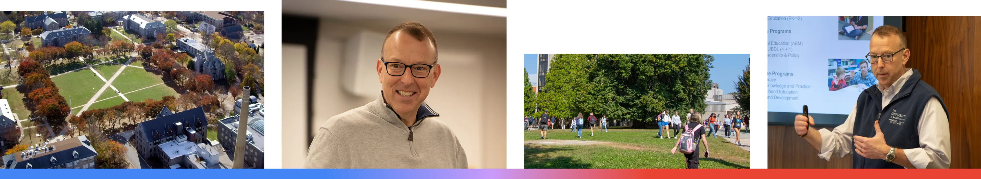 A composite of four images featuring Dan Kelley, a professor at the University of Rhode Island, showing the university campus, a professional portrait, students walking between classes, and Dan presenting on how he uses Google’s AI tools to help future teachers develop more engaging and effective lesson plans.
