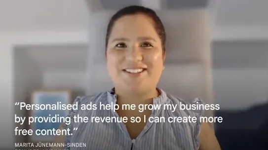 A portrait of Marita Jünemann-Sinden, Founder of MyDinner, smiling. Overlaid on the image is a quote in white text: "Personalised ads help me grow my business by providing the revenue so I can create more free content." Her name and title are listed in smaller text below the quote.