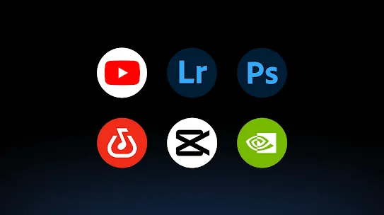 A group of icons for apps including YouTube, Premiere, Photoshop, and Capcut.