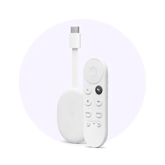 A white Chromecast device.