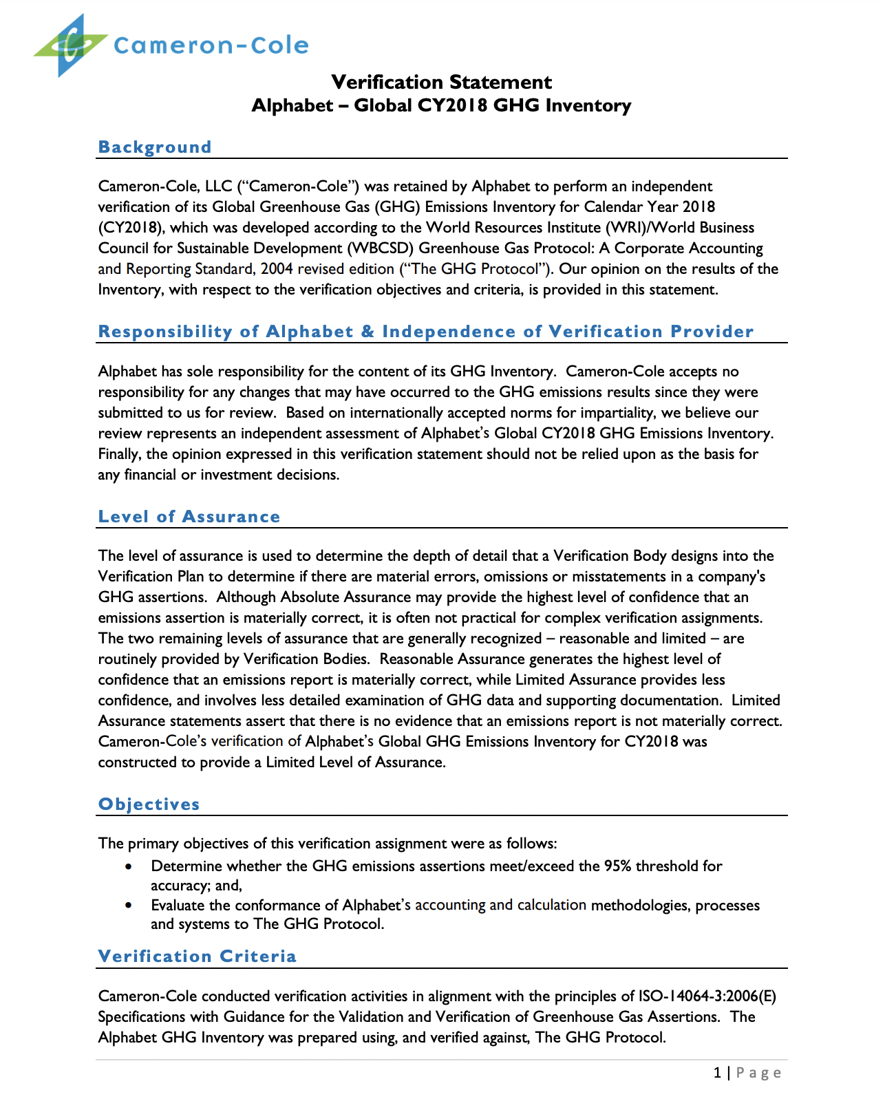 Cover image of Alphabet’s 2019 (FY2018) Greenhouse Gas Inventory Verification Statement