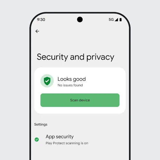 Visual of a smartphone screen running Android OS with the Security & Privacy settings open, displaying the results of a device scan with a green tick icon and the text 'Looks good', with an option below for app security settings marked as 'on'.