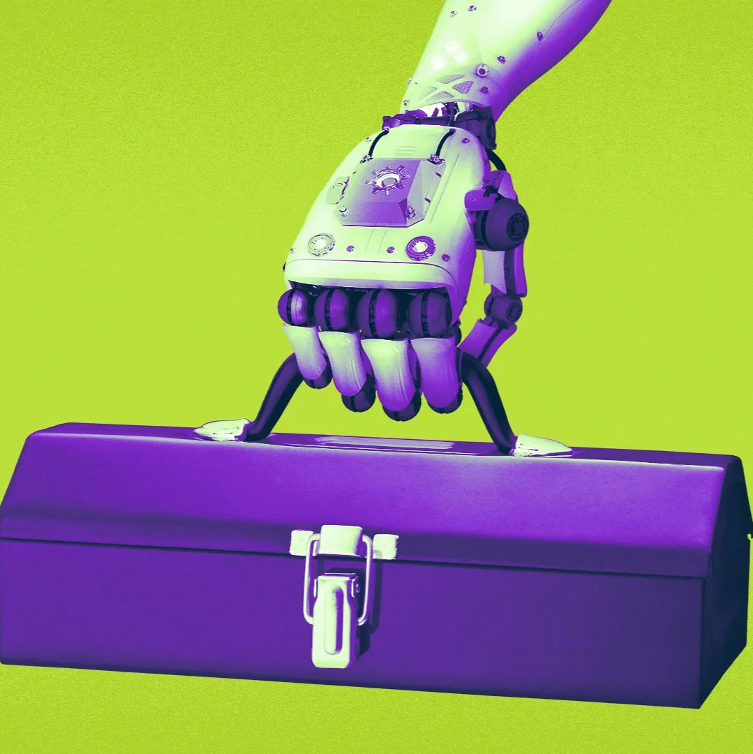 A robot arm with purple hues grasps a purple toolbox against a lime green background