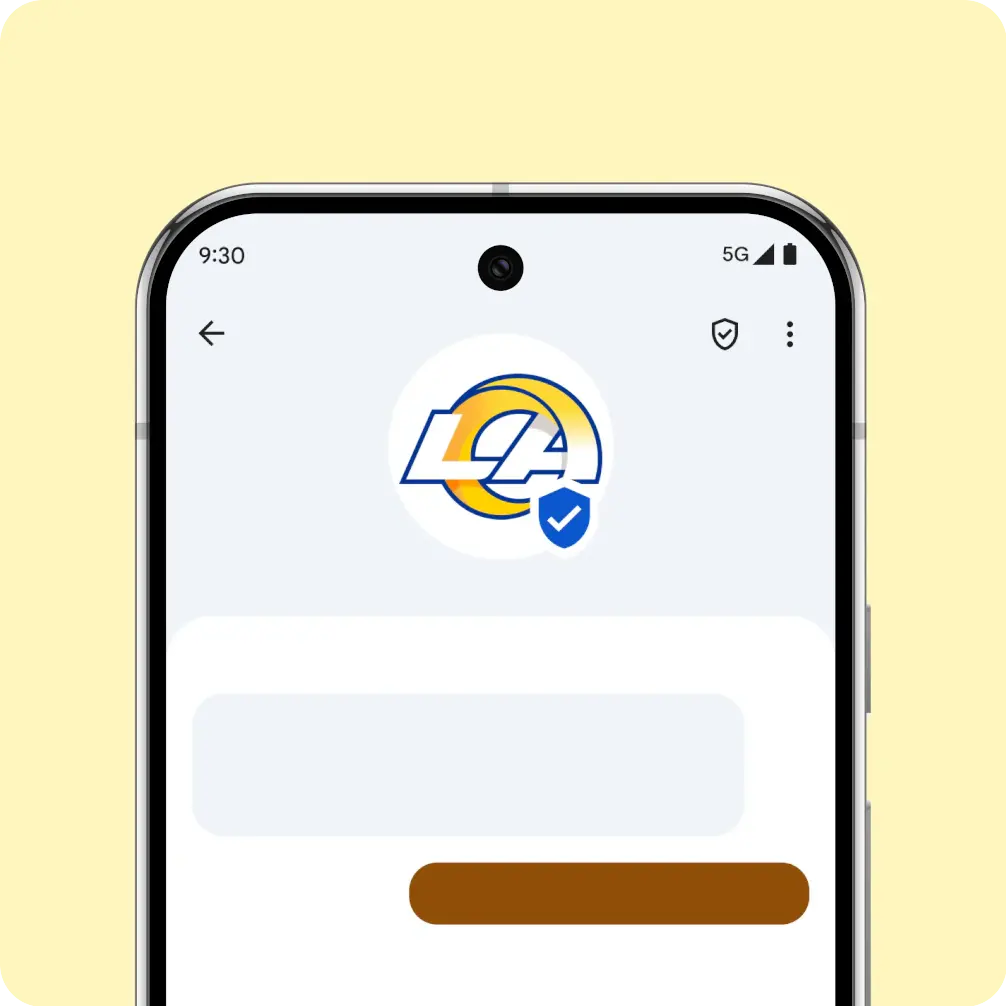 A smartphone screen shows a verified chat with the LA Rams NFL team logo and a blue checkmark.