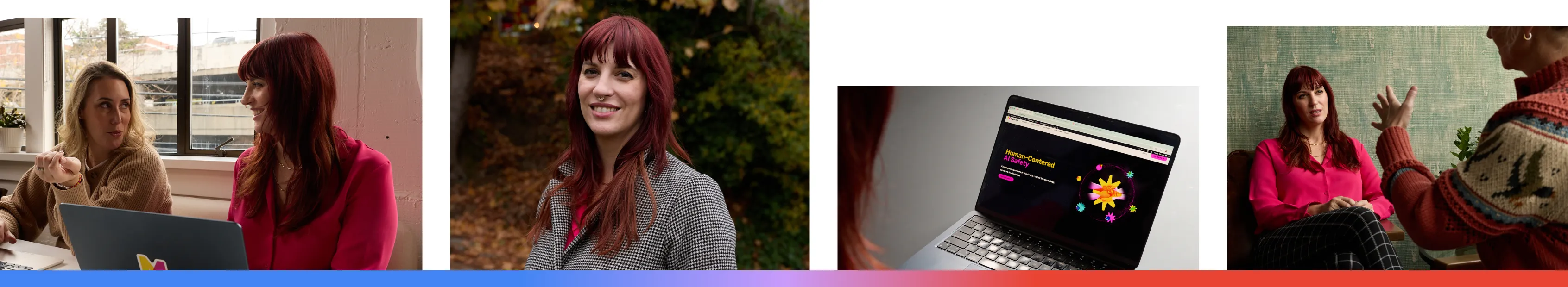 A composite of four images featuring mpathic in Bellevue, Washington, showing co-founder Dr. Grin Lord collaborating with her team, a professional portrait, the company’s "Human-Centered AI Safety" platform on a laptop, and Dr. Lord in a strategy meeting highlighting how they use Google's AI tools to identify and correct bias in digital communication.