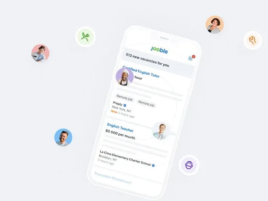 Mock up of Jooble's app on a smart phone.