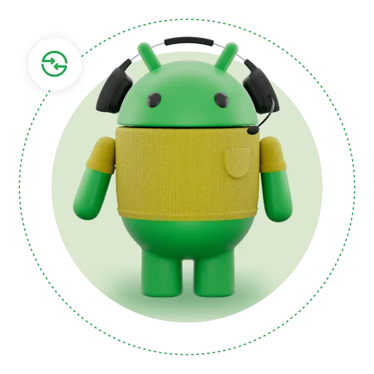 A green Android robot wearing headphones, with a brown shirt, and a Quick Share icon circling it on a dotted line.