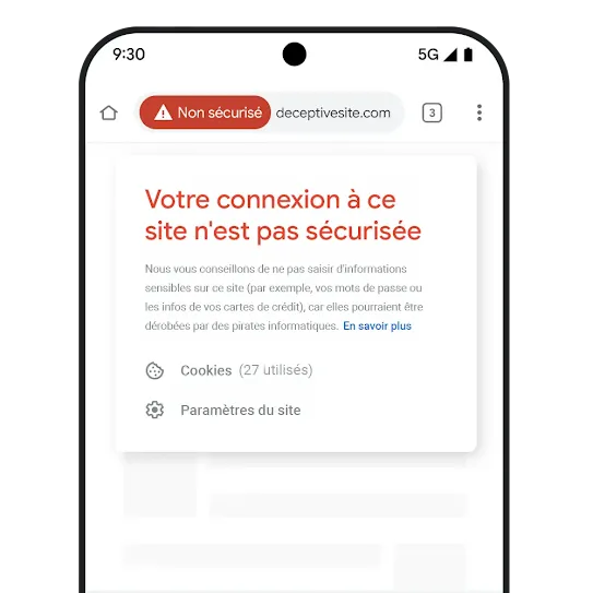 Téléphone sur lequel est affichée une notification indiquant qu'une connexion n'est pas sécurisée.