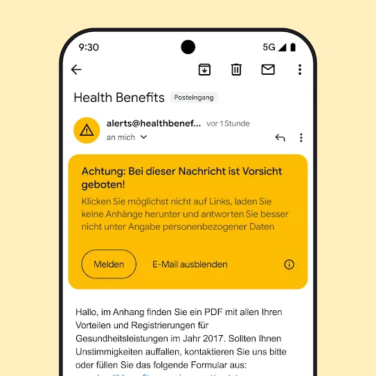 Eine E‑Mail in Gmail auf einem Smartphone-Display mit einer Warnung zu einem potenziellen Phishingversuch