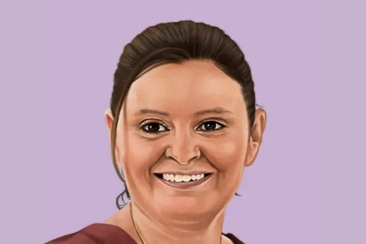A digital illustration of Nina Olesen, Chief Growth Officer at the European Cyber Security Organisation (ECSO). She is shown smiling with dark hair pulled back, featured against a light purple background as part of the AI Innovation in the EU report.