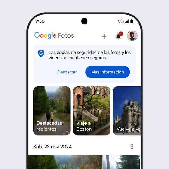 Imagen de la pantalla de un smartphone con Google Fotos abierta. En ella, se muestran un mensaje de seguridad que dice “Las copias de seguridad de las fotos y los videos se mantienen seguras” y un vínculo para obtener más información.