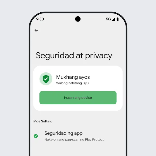 Visual ng screen ng smartphone na gumagamit ng Android OS na nakabukas ang mga setting ng Seguridad at Privacy, na nagpapakita ng mga resulta ng pag-scan ng device at mga setting ng seguridad ng app.