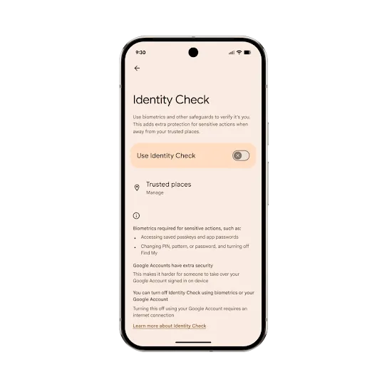 The Identity Check settings screen on an Android phone. There is a toggle to turn Identity Check on and off as well as additional information about Identity Check.