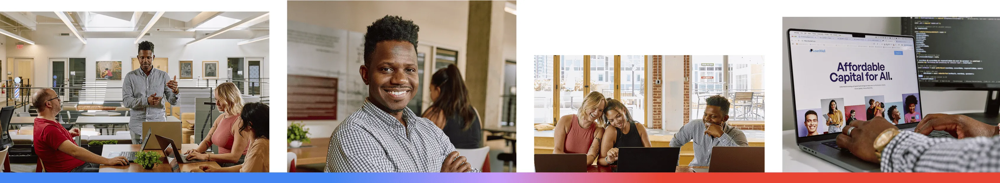 A composite of four images featuring LoanWell in Durham, North Carolina, showing the team collaborating in an open office space, a professional portrait of a team member, employees working together on laptops, and a digital screen highlighting their mission to provide affordable capital through automated lending technology.