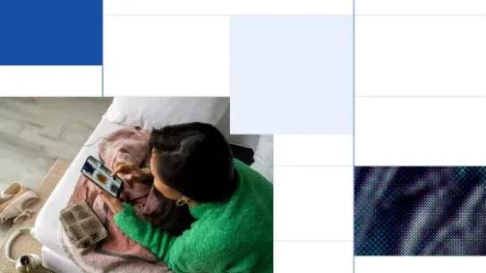 High-angle view of a woman in a green sweater using a smartphone to shop online while lounging on a bed. The image is styled with a modern graphic overlay consisting of blue and white geometric squares and a pixelated texture block.