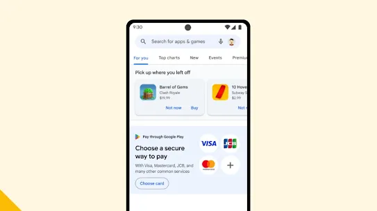 Device screenshot shows Play Games homepage with a banner  to easily add payment method