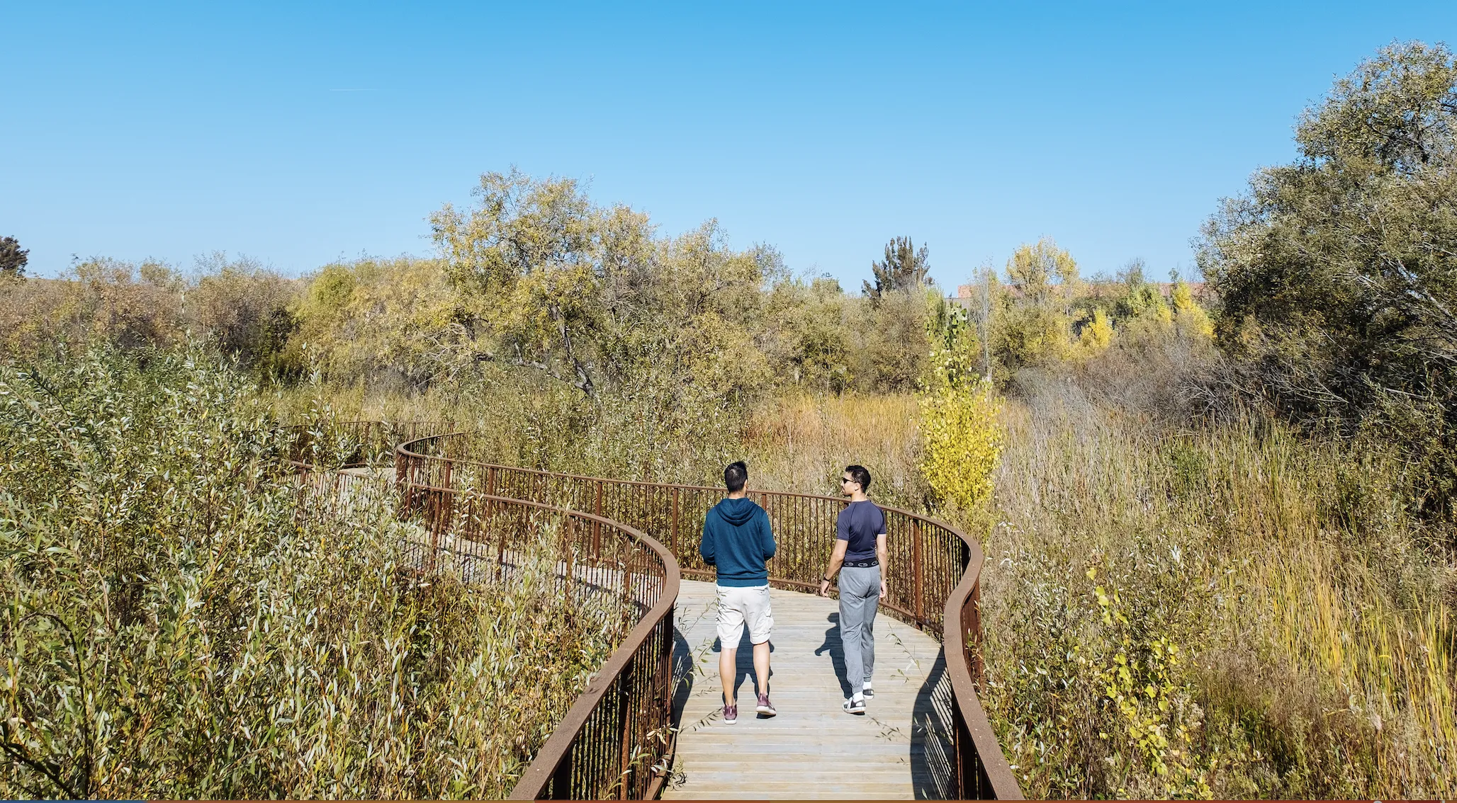 Deux personnes se promènent sur un chemin du campus Google de Bay View