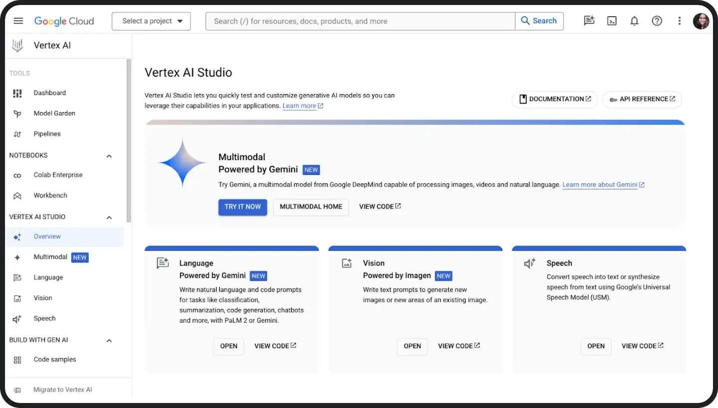 A screenshot of the Google Cloud Vertex AI Studio overview page. The top section features a prominent "Multimodal Powered by Gemini" banner with a blue sparkle icon and a "Try It Now" button. Below it, three cards highlight different AI capabilities: "Language" powered by Gemini for natural language tasks, "Vision" powered by Imagen for generating and editing images, and "Speech" for text-to-speech or speech-to-text conversion. On the left, a sidebar provides navigation for tools like the Dashboard, Model Garden, and Pipelines.