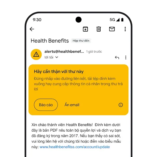Hình ảnh màn hình điện thoại thông minh đang hiển thị một email trong Gmail kèm theo cảnh báo bảo mật rằng đây có thể là email lừa đảo.