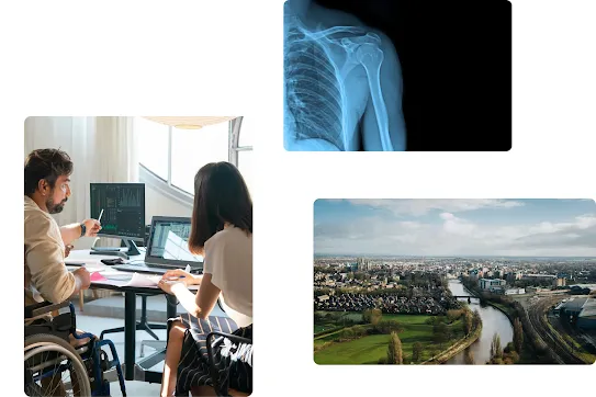 A single composite image against a white background featuring an X-ray of a shoulder, two colleagues collaborating at an office desk with data screens, and an elevated view of a historic city with a river and cathedral.