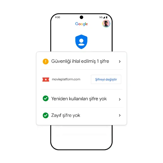 Güvenliği ihlal edilmiş şifre sonuçlarının gösterildiği Google telefon resmi