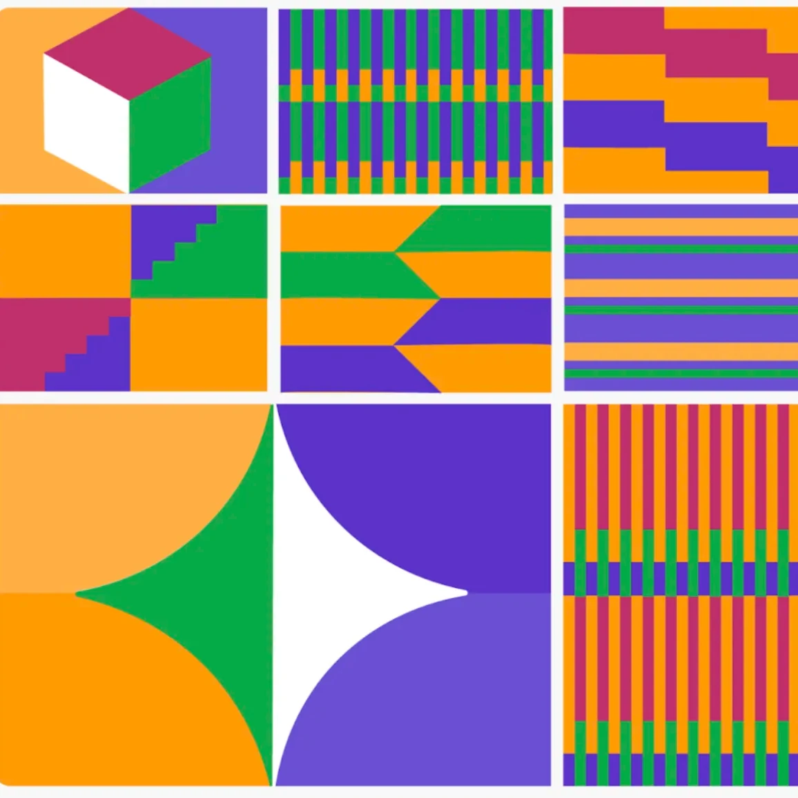 Abstract graphic illustration inspired by Kente design principles, featuring colorful geometric patterns arranged in a grid.