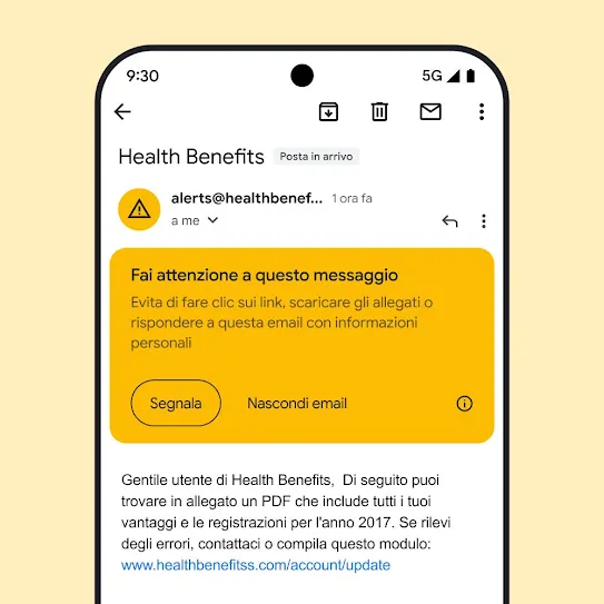 Immagine di un'email in Gmail sullo schermo di uno smartphone, che mostra un avviso di sicurezza per un potenziale tentativo di phishing.