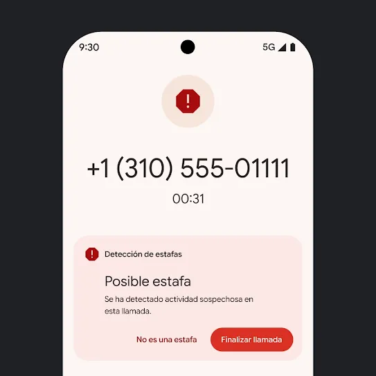 Imagen de la pantalla de inicio de un smartphone Pixel en la que se muestra la notificación de una llamada de spam rechazada automáticamente.