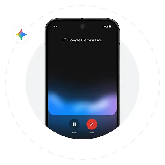 A phone screen shows the Gemini Live chat window.