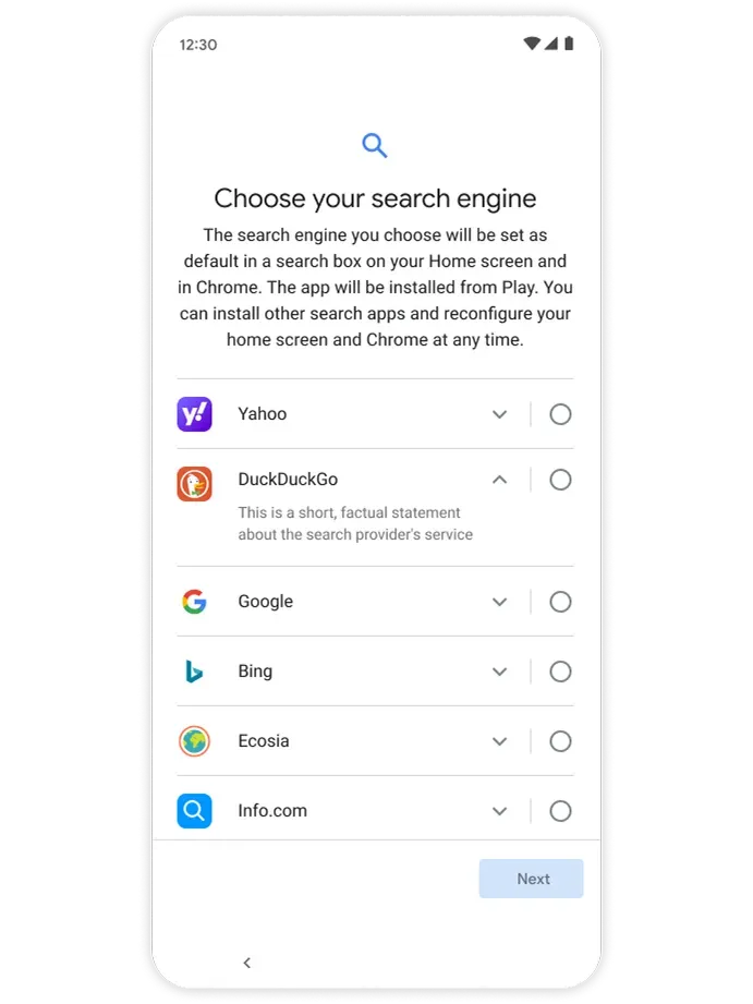 Phone settings screen with a list of search engines to select as your default search.