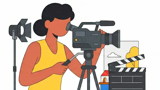 A flat-style illustration of a woman with dark hair and a yellow top looking through the viewfinder of a professional film camera on a tripod. The scene includes a studio light in the background and a movie clapperboard and storyboard sketch in the foreground, representing Google's partnership with the Sundance Institute to explore AI in film.